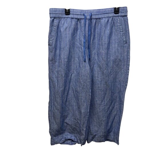 Talbots Blue Striped Linen-Cotton Drawstring Capri Pants L - Picture 1 of 9